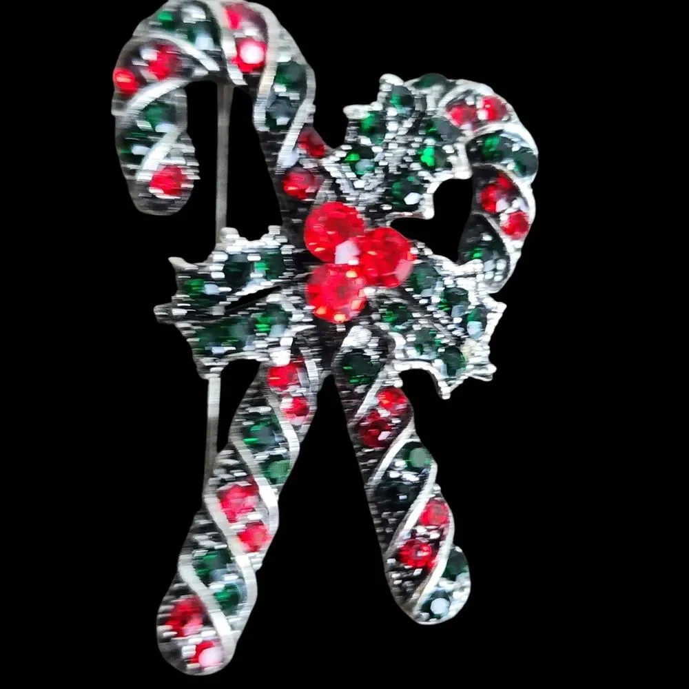 Vtg Style Christmas Candy Cane Brooch Pin Red & Green Rhinestone Holiday Jewelry